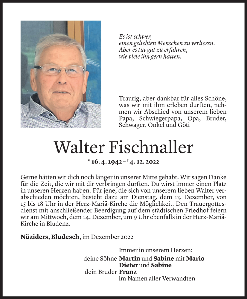  Todesanzeige für Walter Fischnaller vom 10.12.2022 aus Vorarlberger Nachrichten