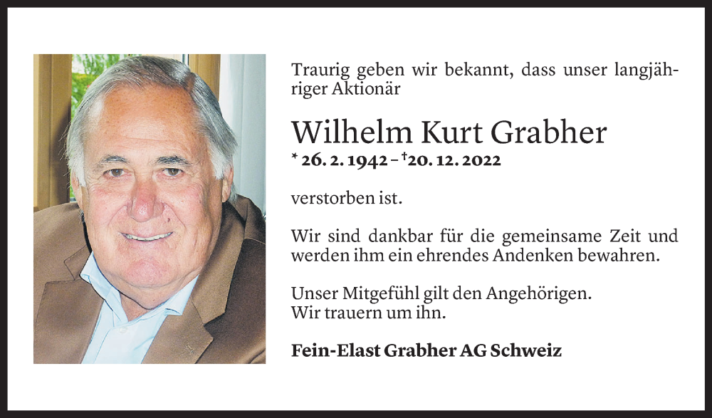  Todesanzeige für Wilhelm Kurt Grabher vom 23.12.2022 aus Vorarlberger Nachrichten
