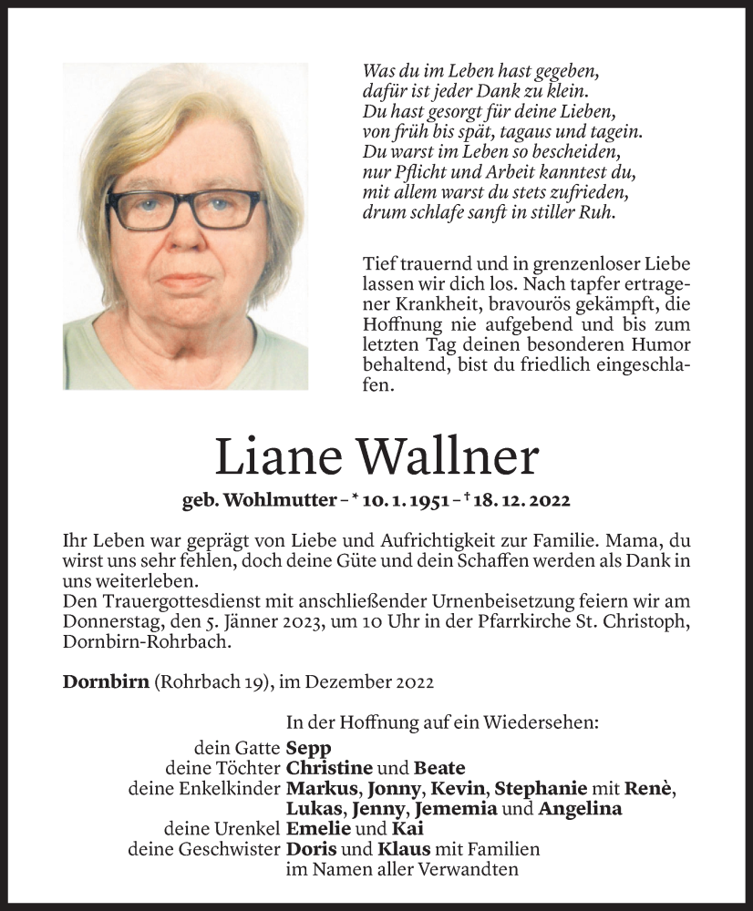  Todesanzeige für Liane Wallner vom 31.12.2022 aus Vorarlberger Nachrichten