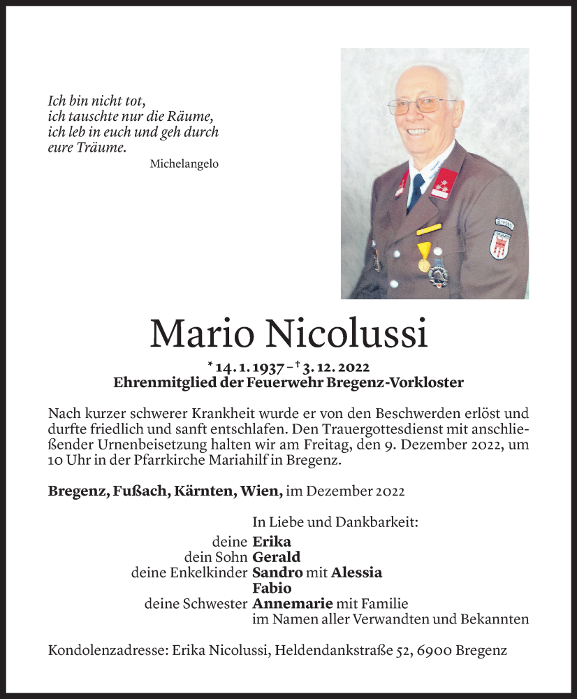  Todesanzeige für Mario Nicolussi vom 07.12.2022 aus Vorarlberger Nachrichten