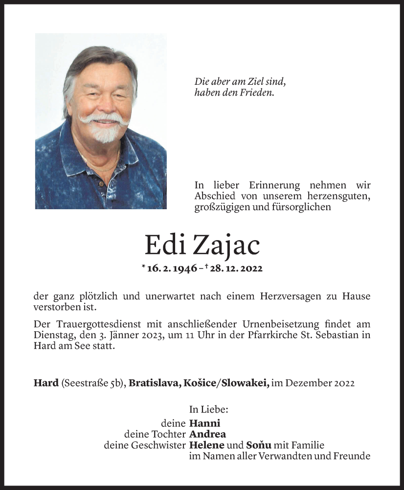  Todesanzeige für Edi Zajac vom 31.12.2022 aus Vorarlberger Nachrichten