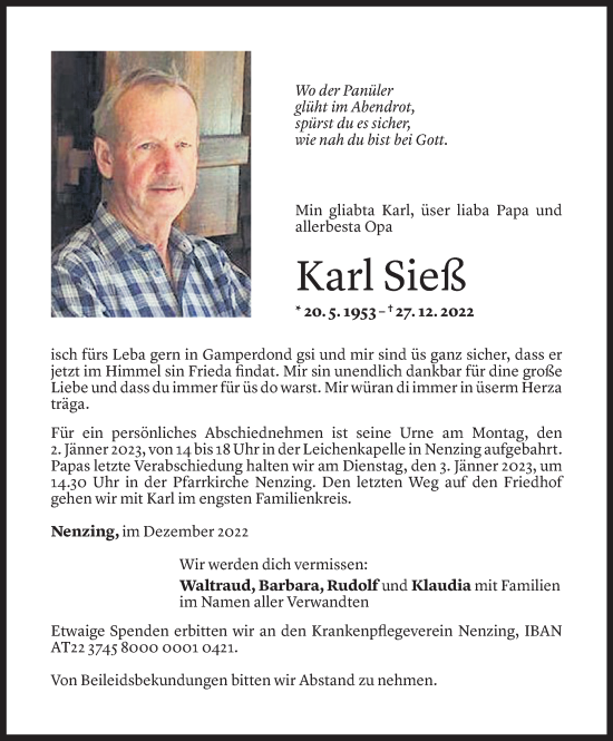 Todesanzeige von Karl Sieß von Vorarlberger Nachrichten