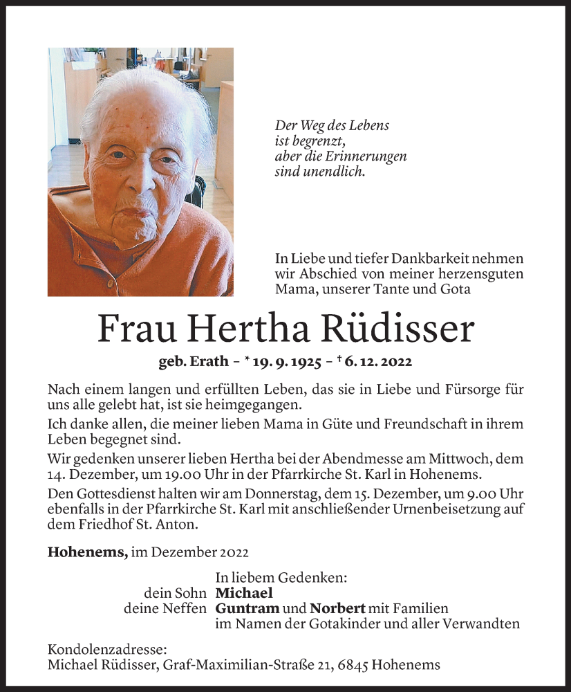  Todesanzeige für Hertha Rüdisser vom 12.12.2022 aus Vorarlberger Nachrichten