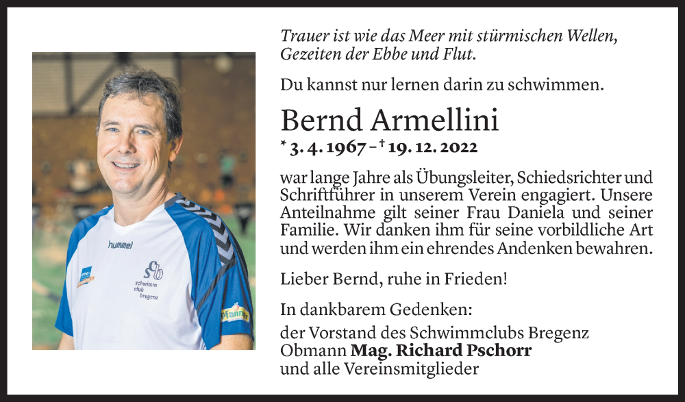  Todesanzeige für Bernd Armellini vom 21.12.2022 aus Vorarlberger Nachrichten