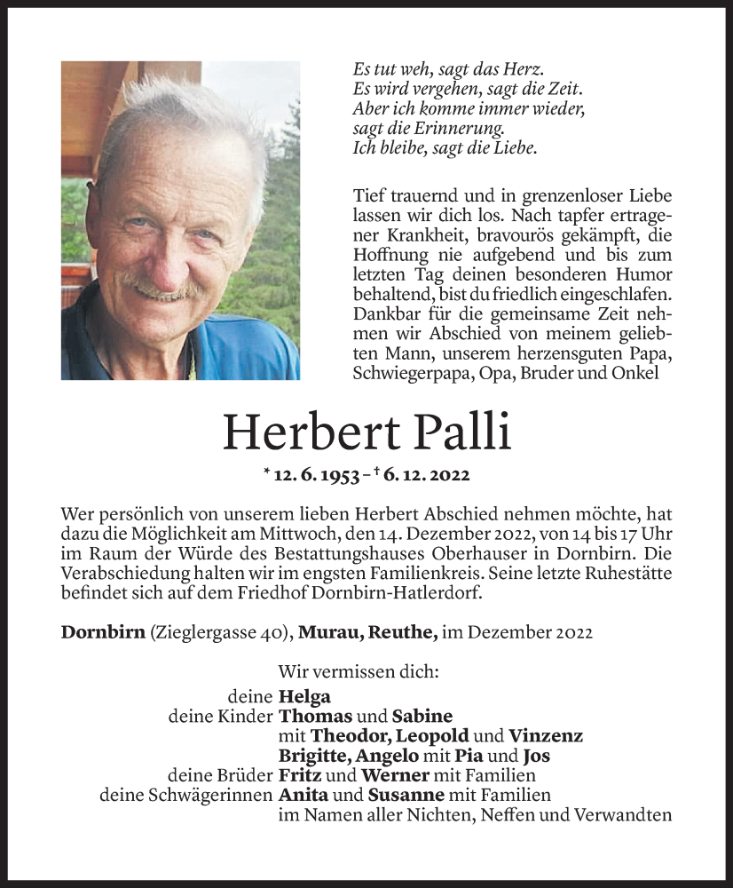  Todesanzeige für Herbert Palli vom 09.12.2022 aus Vorarlberger Nachrichten