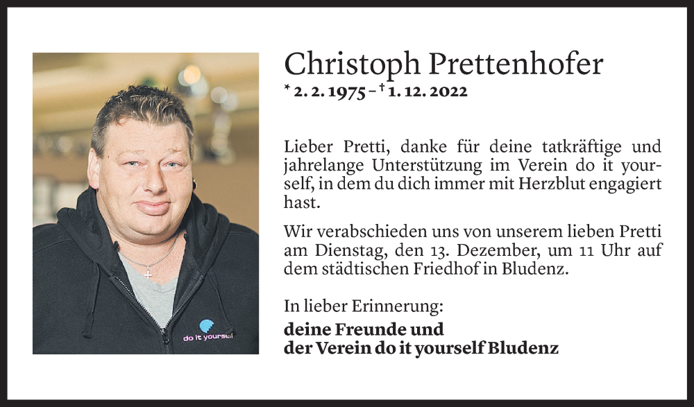  Todesanzeige für Christoph Prettenhofer vom 10.12.2022 aus Vorarlberger Nachrichten