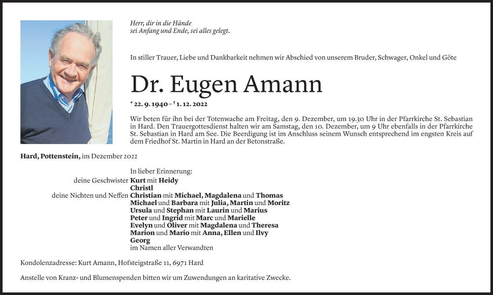  Todesanzeige für Eugen Amann vom 02.12.2022 aus Vorarlberger Nachrichten