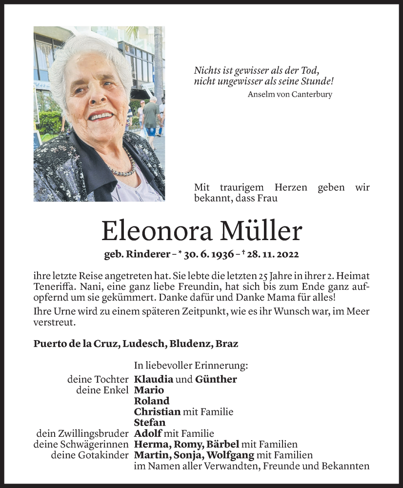  Todesanzeige für Eleonora Müller vom 03.12.2022 aus Vorarlberger Nachrichten