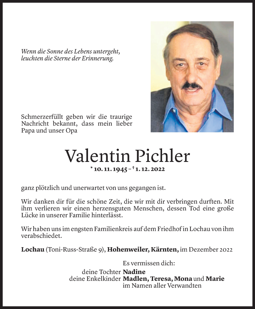  Todesanzeige für Valentin Pichler vom 10.12.2022 aus Vorarlberger Nachrichten