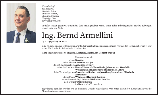 Todesanzeige von Bernd Armellini von Vorarlberger Nachrichten