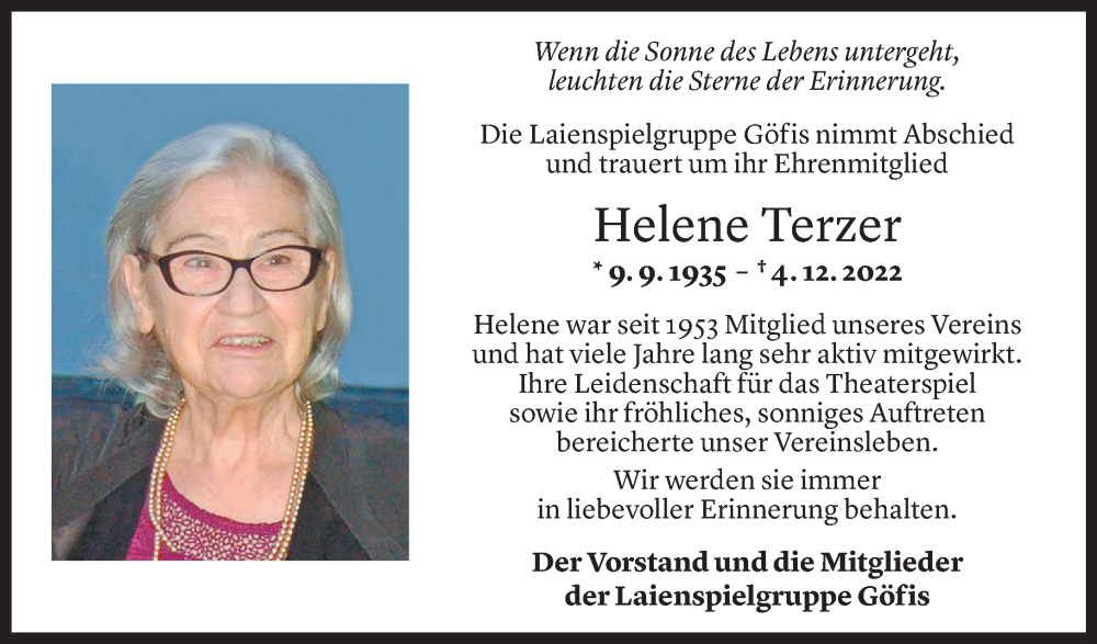  Todesanzeige für Helene Terzer vom 08.12.2022 aus Vorarlberger Nachrichten