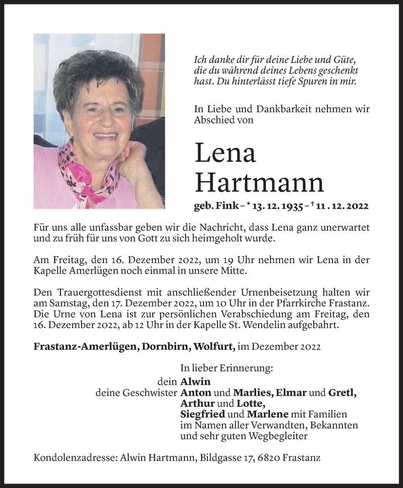  Todesanzeige für Lena Hartmann vom 14.12.2022 aus Vorarlberger Nachrichten