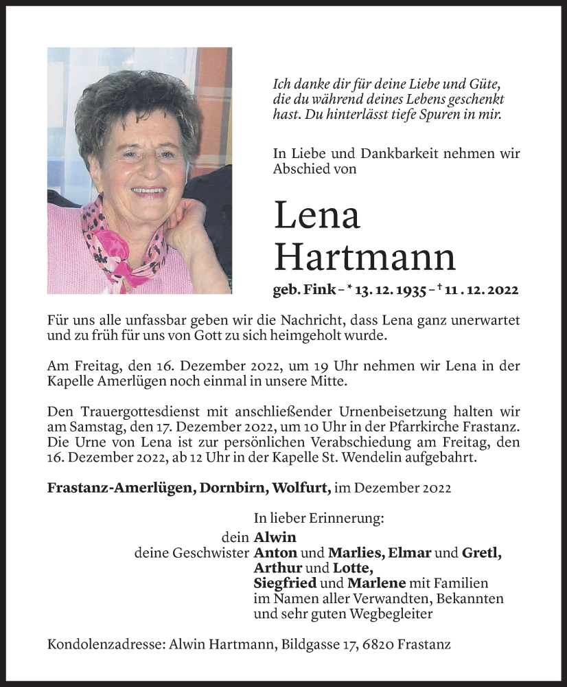 Todesanzeigen von Lena Hartmann | Todesanzeigen Vorarlberger Nachrichten