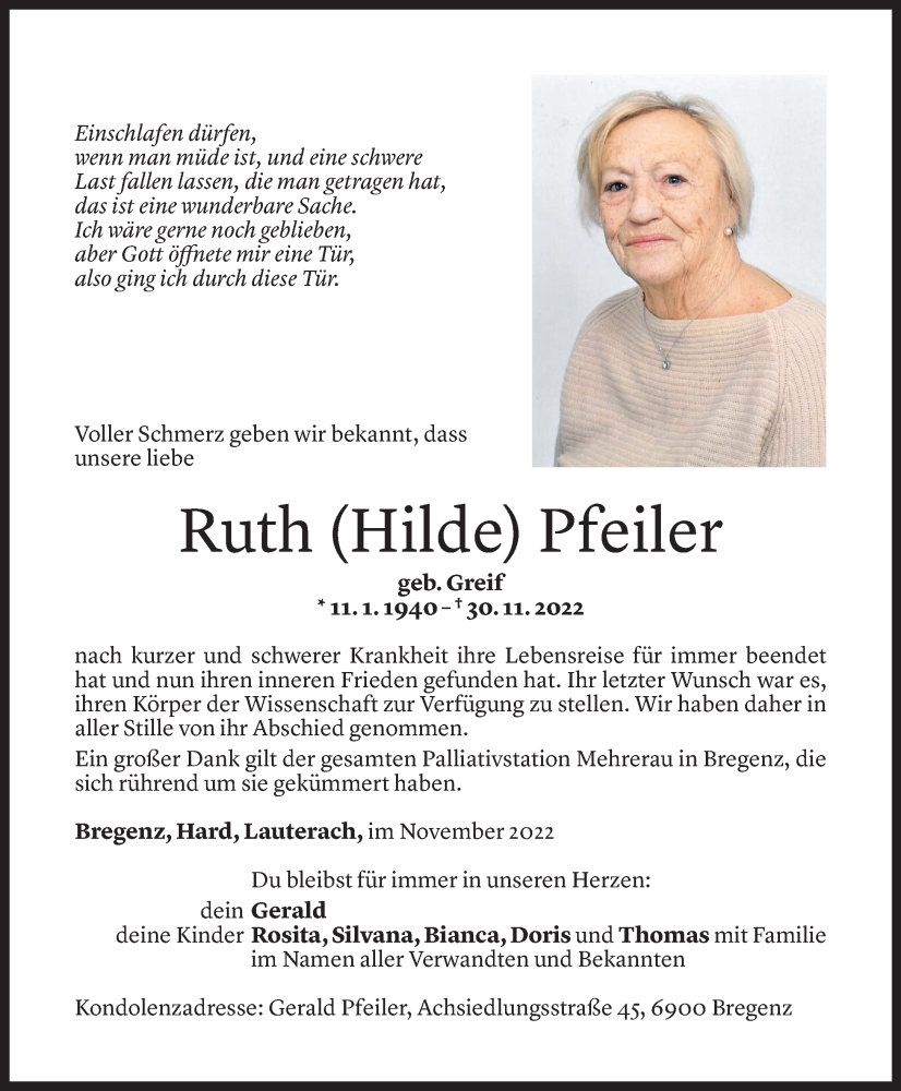  Todesanzeige für Ruth Pfeiler vom 02.12.2022 aus Vorarlberger Nachrichten