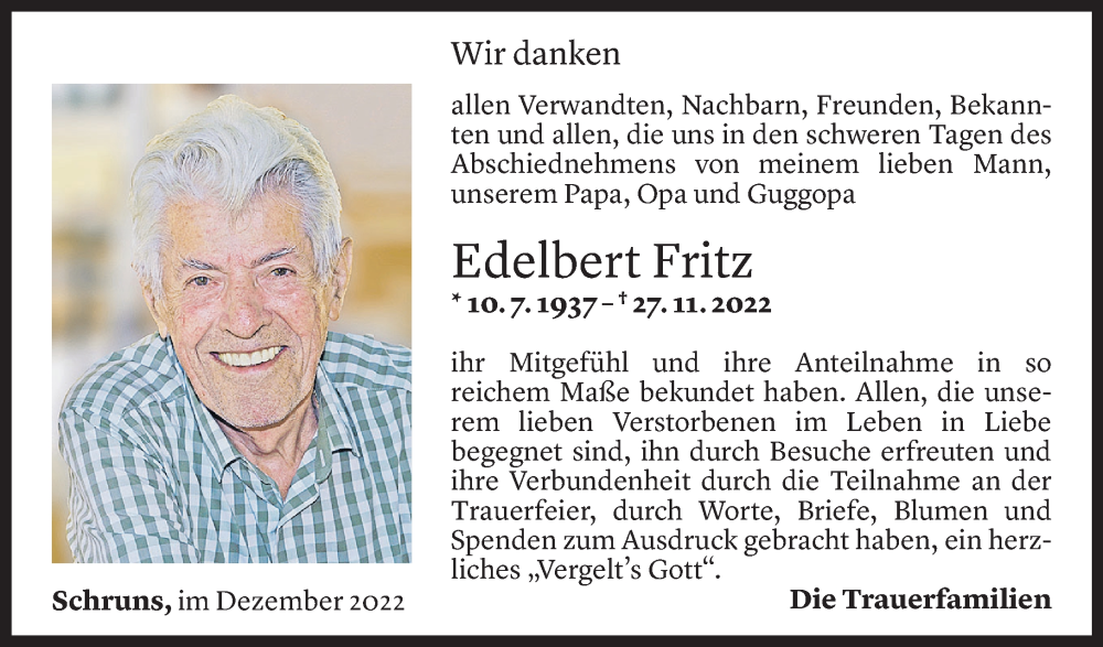  Todesanzeige für Edelbert Fritz vom 24.12.2022 aus Vorarlberger Nachrichten