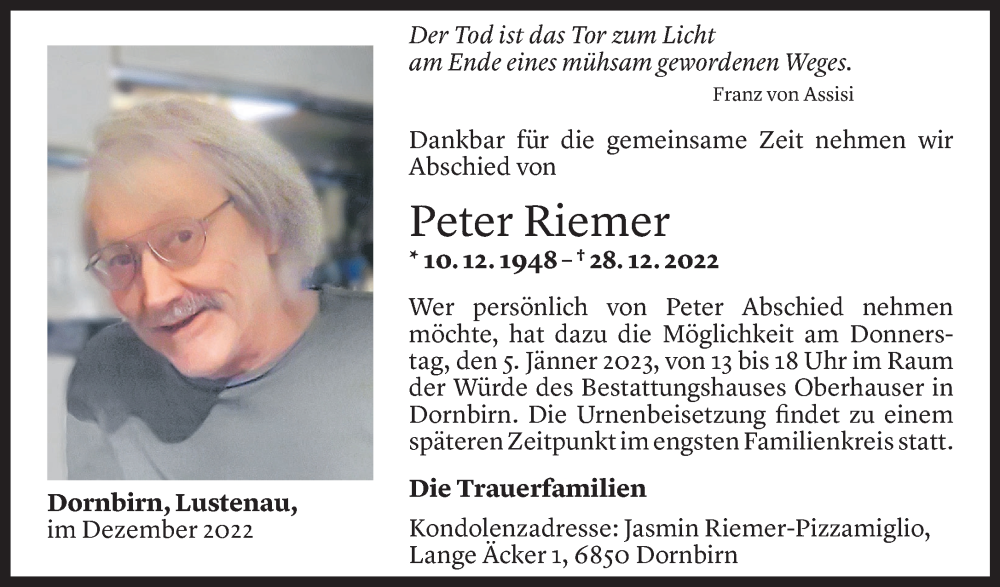  Todesanzeige für Peter Riemer vom 30.12.2022 aus Vorarlberger Nachrichten