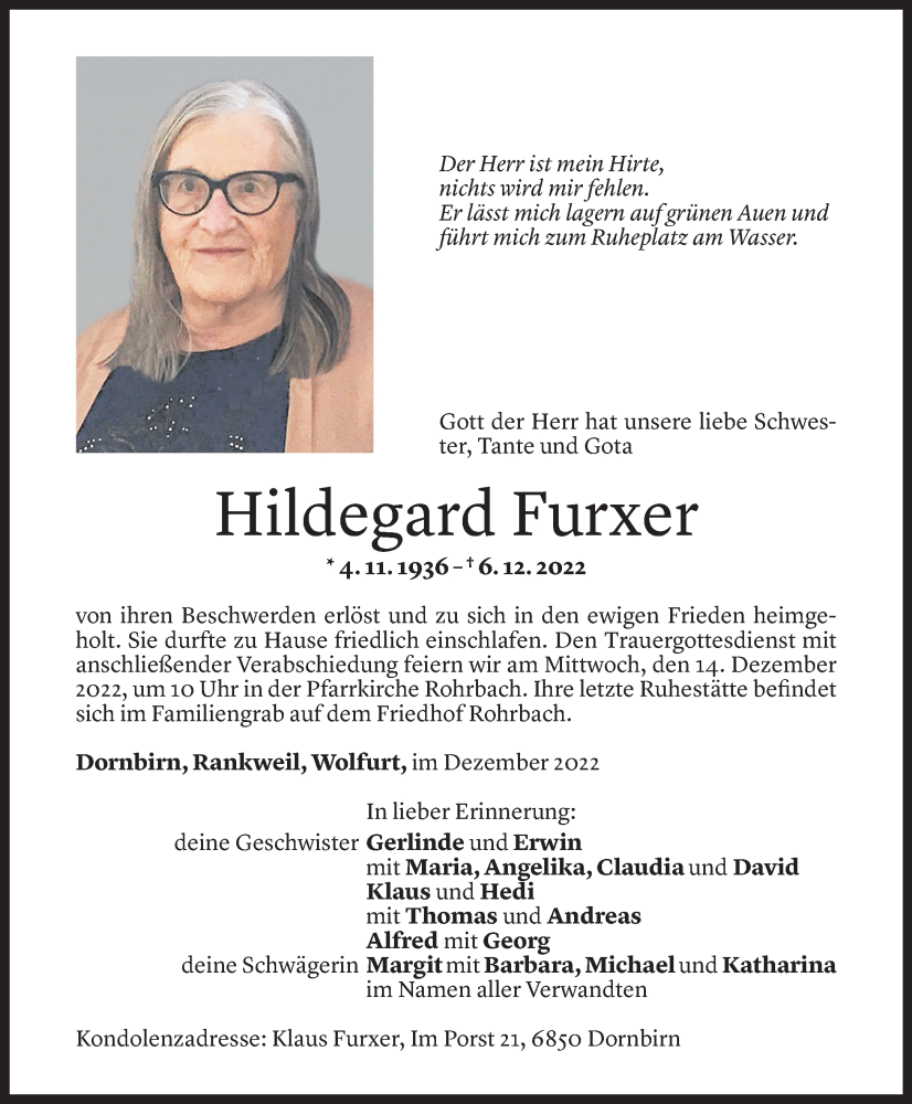  Todesanzeige für Hildegard Furxer vom 09.12.2022 aus Vorarlberger Nachrichten