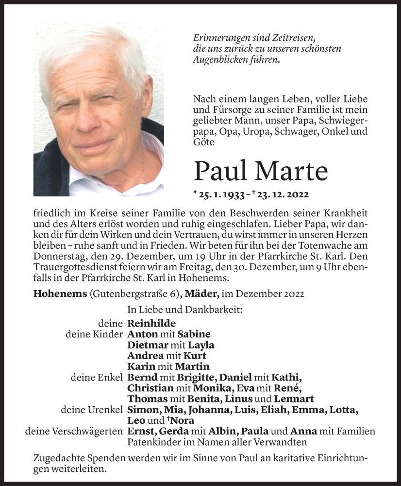  Todesanzeige für Paul Marte vom 27.12.2022 aus Vorarlberger Nachrichten