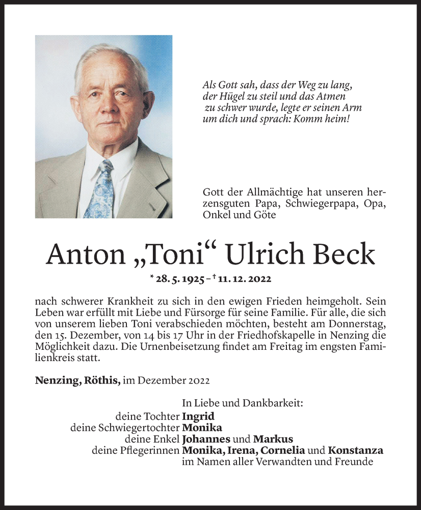  Todesanzeige für Anton Beck vom 14.12.2022 aus Vorarlberger Nachrichten