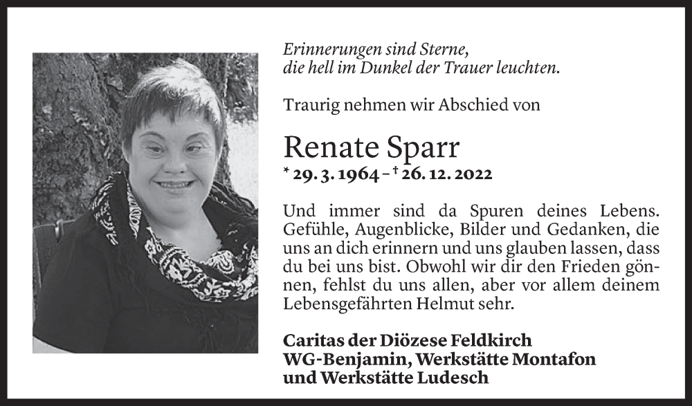  Todesanzeige für Renate Sparr vom 31.12.2022 aus Vorarlberger Nachrichten