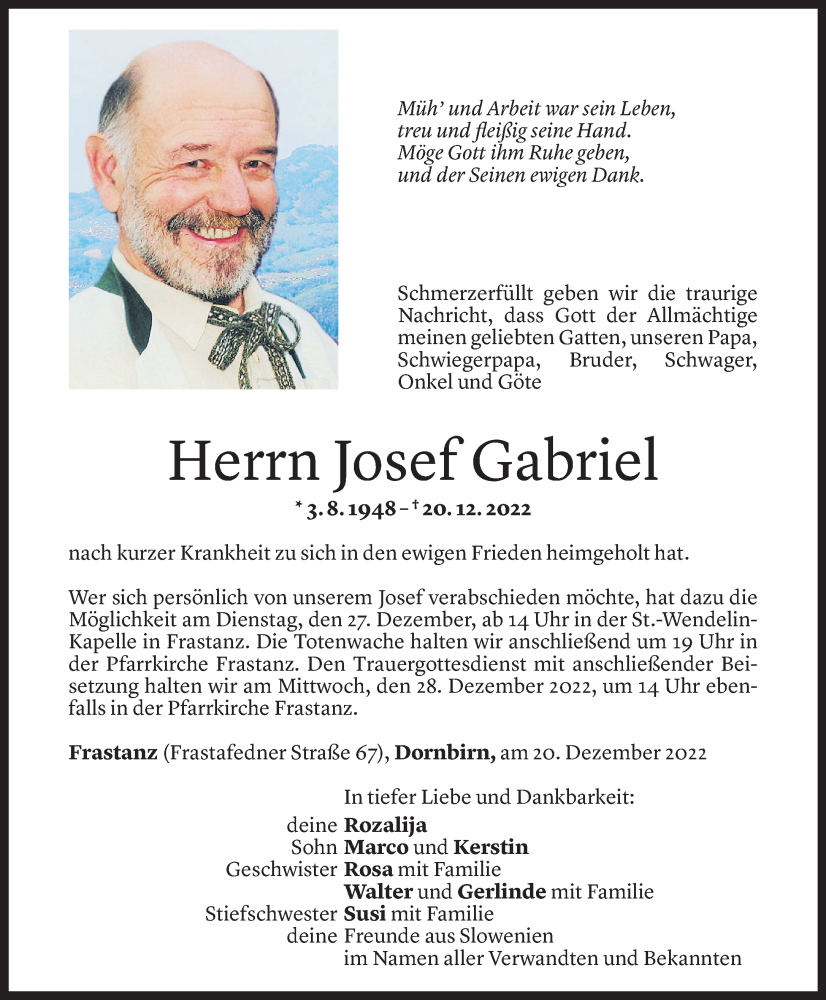  Todesanzeige für Josef Gabriel vom 23.12.2022 aus Vorarlberger Nachrichten