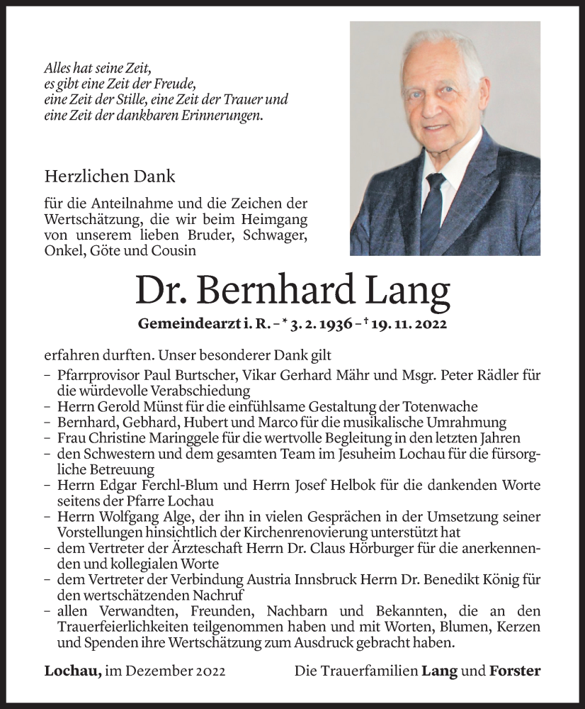  Todesanzeige für Bernhard Lang vom 15.12.2022 aus Vorarlberger Nachrichten