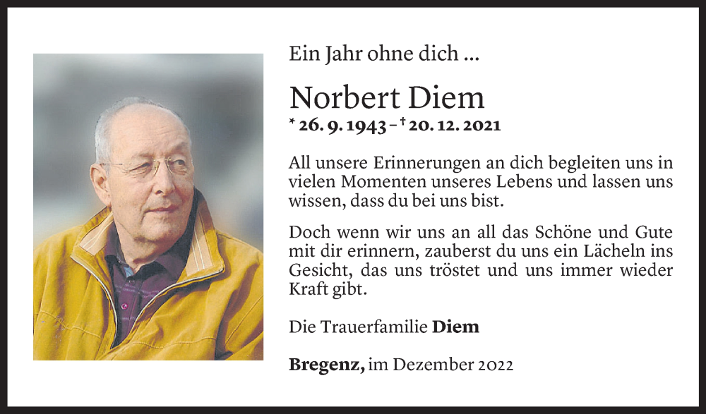  Todesanzeige für Norbert Diem vom 16.12.2022 aus Vorarlberger Nachrichten
