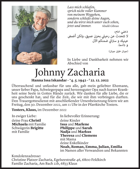 Todesanzeige von Johnny Zacharia von Vorarlberger Nachrichten
