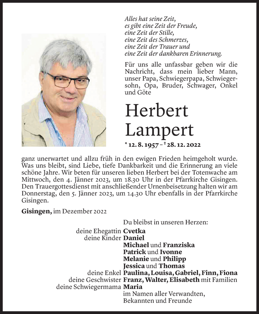  Todesanzeige für Herbert Lampert vom 30.12.2022 aus Vorarlberger Nachrichten