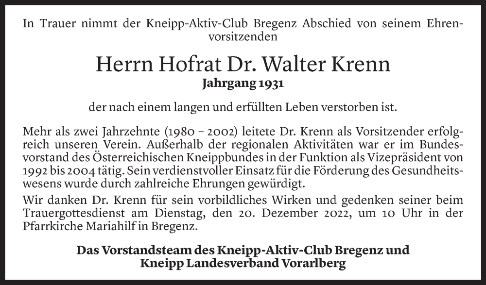  Todesanzeige für Walter Krenn vom 16.12.2022 aus Vorarlberger Nachrichten