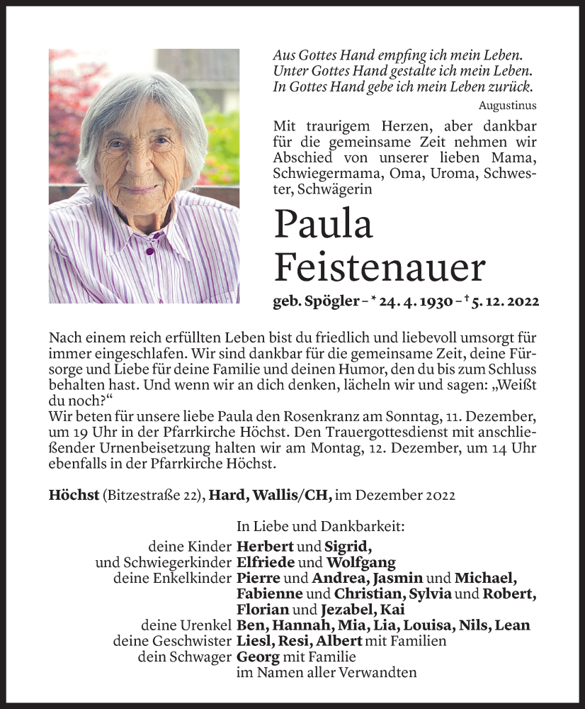  Todesanzeige für Paula Feistenauer vom 08.12.2022 aus Vorarlberger Nachrichten