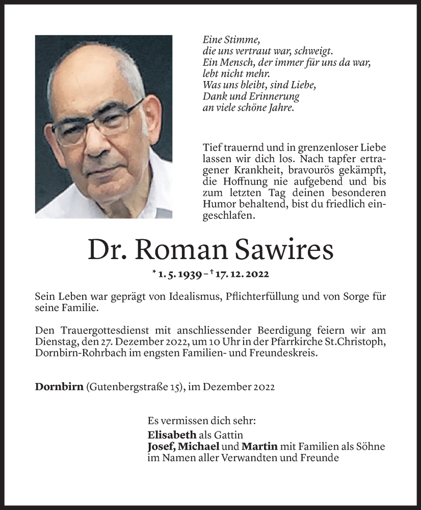  Todesanzeige für Roman Sawires vom 21.12.2022 aus Vorarlberger Nachrichten