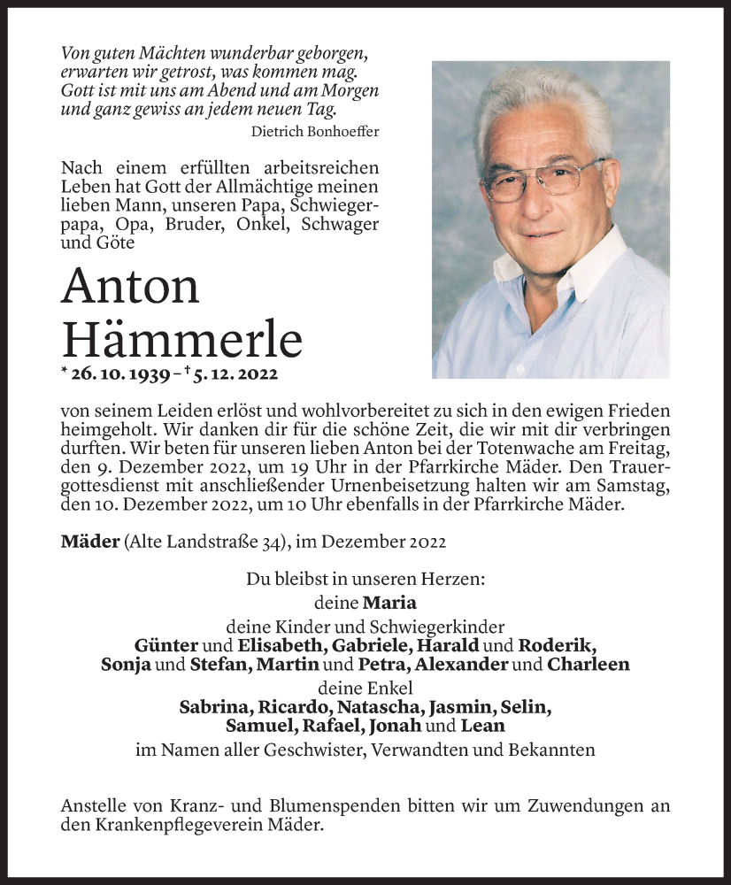  Todesanzeige für Anton Hämmerle vom 06.12.2022 aus Vorarlberger Nachrichten