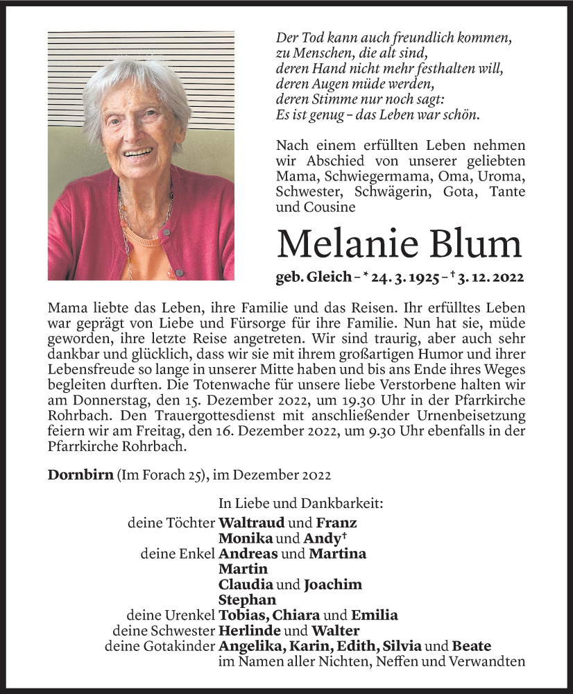  Todesanzeige für Melanie Blum vom 09.12.2022 aus Vorarlberger Nachrichten