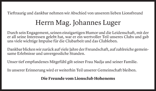 Todesanzeige von Hannes Luger von Vorarlberger Nachrichten