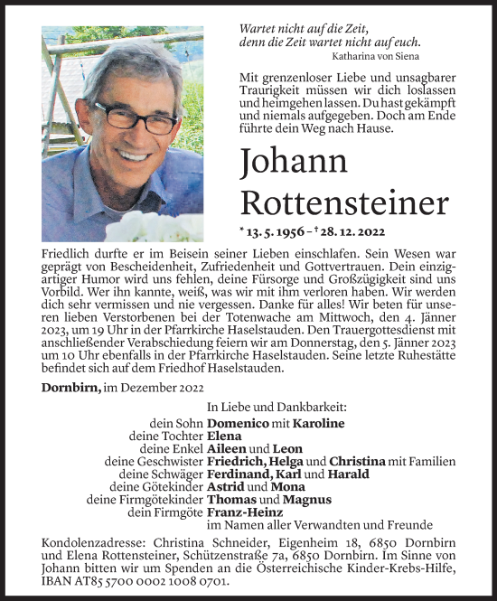 Todesanzeige von Johann Rottensteiner von Vorarlberger Nachrichten