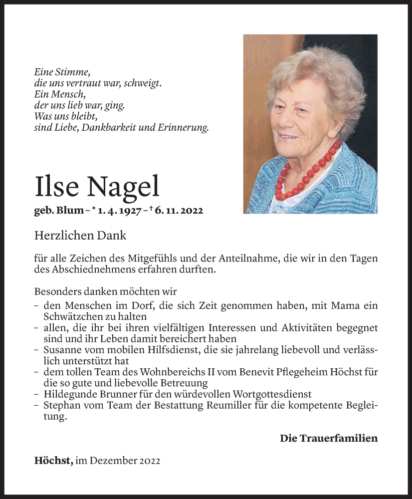  Todesanzeige für Ilse Nagel vom 03.12.2022 aus Vorarlberger Nachrichten