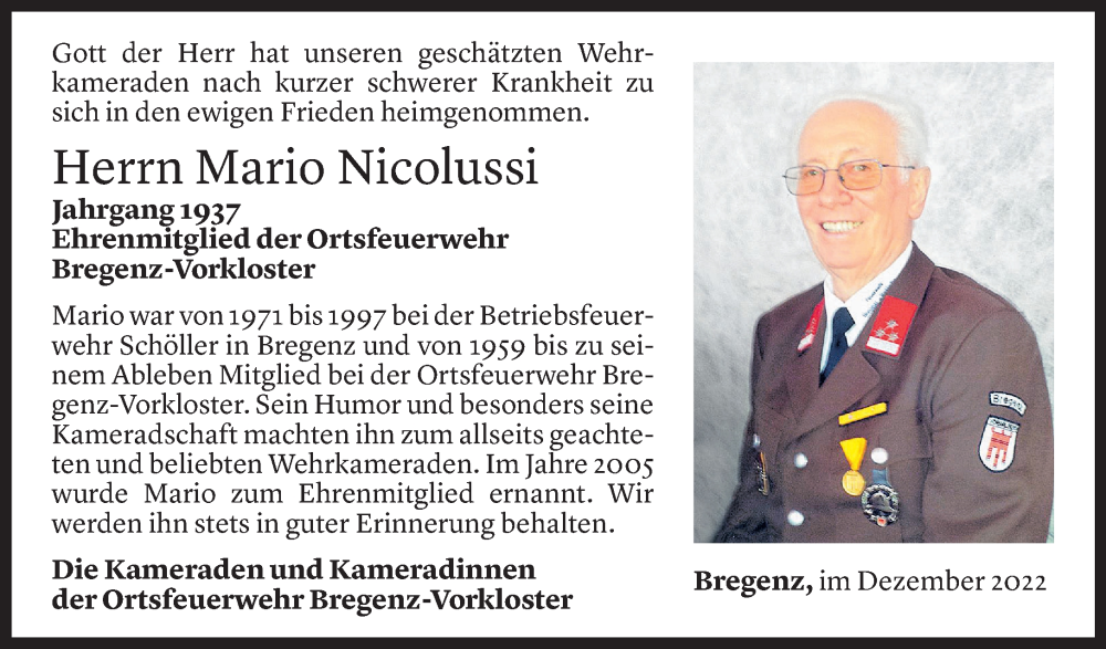  Todesanzeige für Mario Nicolussi vom 08.12.2022 aus Vorarlberger Nachrichten