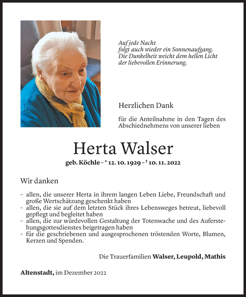  Todesanzeige für Herta Walser vom 09.12.2022 aus Vorarlberger Nachrichten