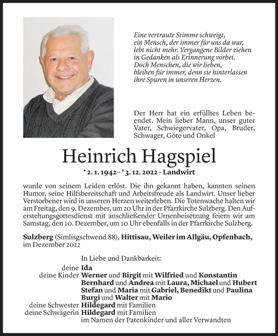 Todesanzeige von Heinrich Hagspiel von Vorarlberger Nachrichten