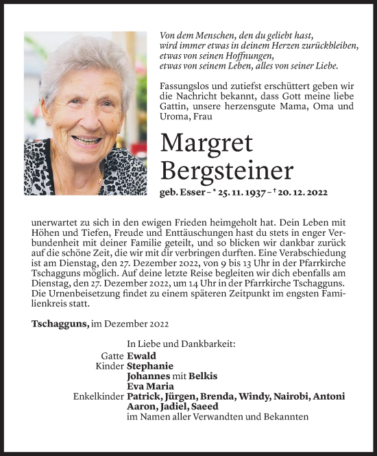 Todesanzeige von Margret Bergsteiner von Vorarlberger Nachrichten