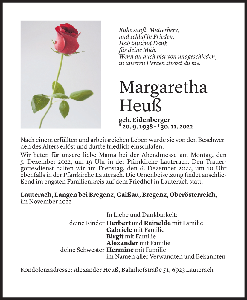  Todesanzeige für Margaretha Heuß vom 02.12.2022 aus Vorarlberger Nachrichten