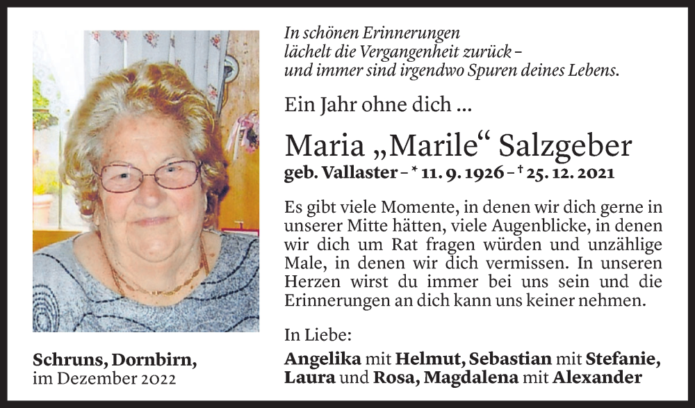  Todesanzeige für Maria Salzgeber vom 27.12.2022 aus Vorarlberger Nachrichten