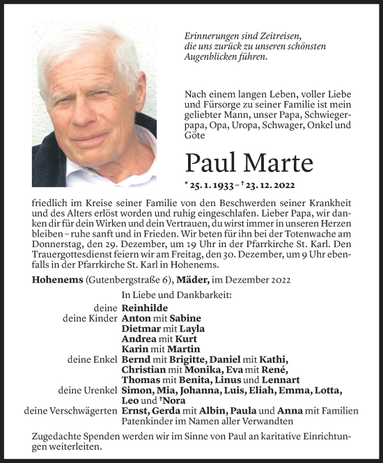 Todesanzeige von Paul Marte von Vorarlberger Nachrichten