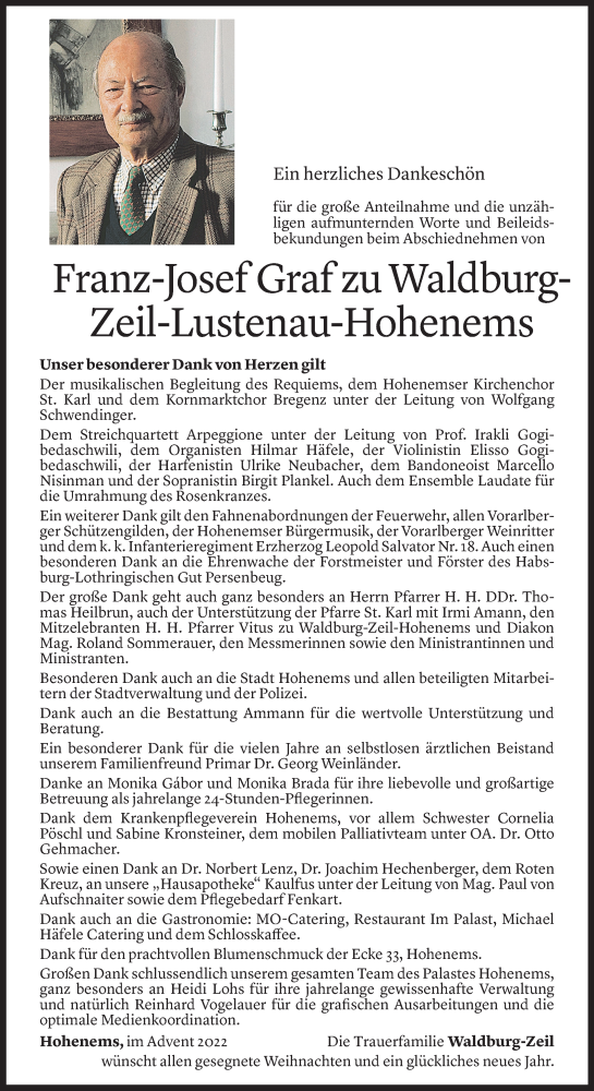  Todesanzeige für Franz-Josef Waldburg-Zeil-Lustenau-Hohenems vom 09.12.2022 aus Vorarlberger Nachrichten