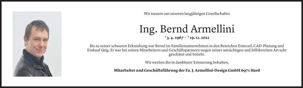  Todesanzeige für Bernd Armellini vom 21.12.2022 aus vorarlberger nachrichten