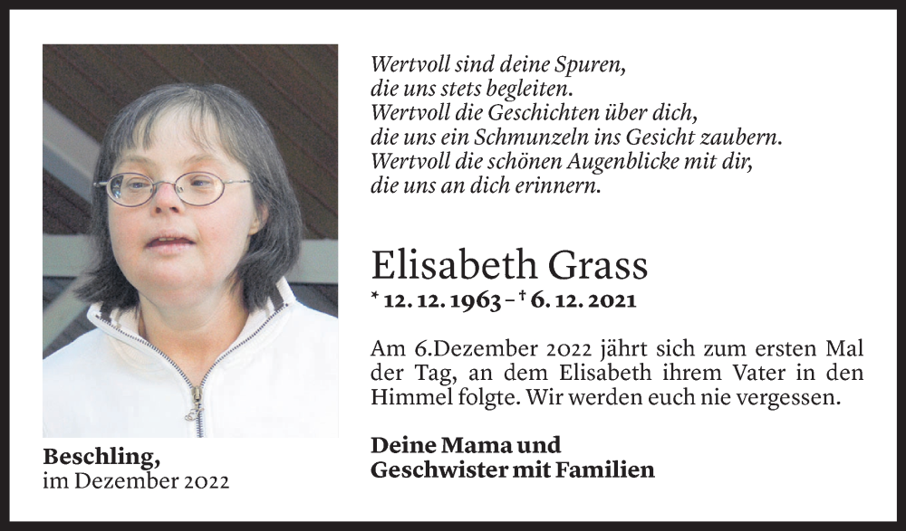  Todesanzeige für Elisabeth Graß vom 06.12.2022 aus Vorarlberger Nachrichten