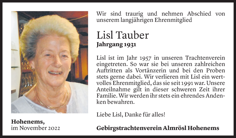  Todesanzeige für Elisabeth Tauber vom 02.12.2022 aus Vorarlberger Nachrichten