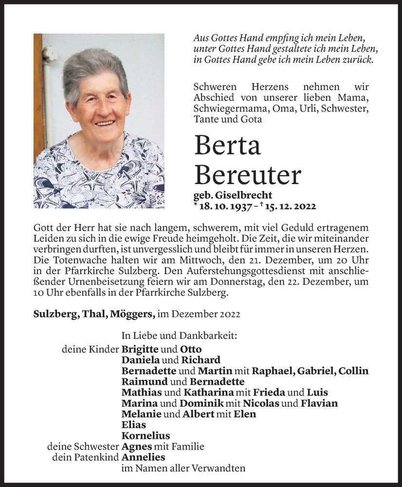  Todesanzeige für Berta Bereuter vom 20.12.2022 aus Vorarlberger Nachrichten