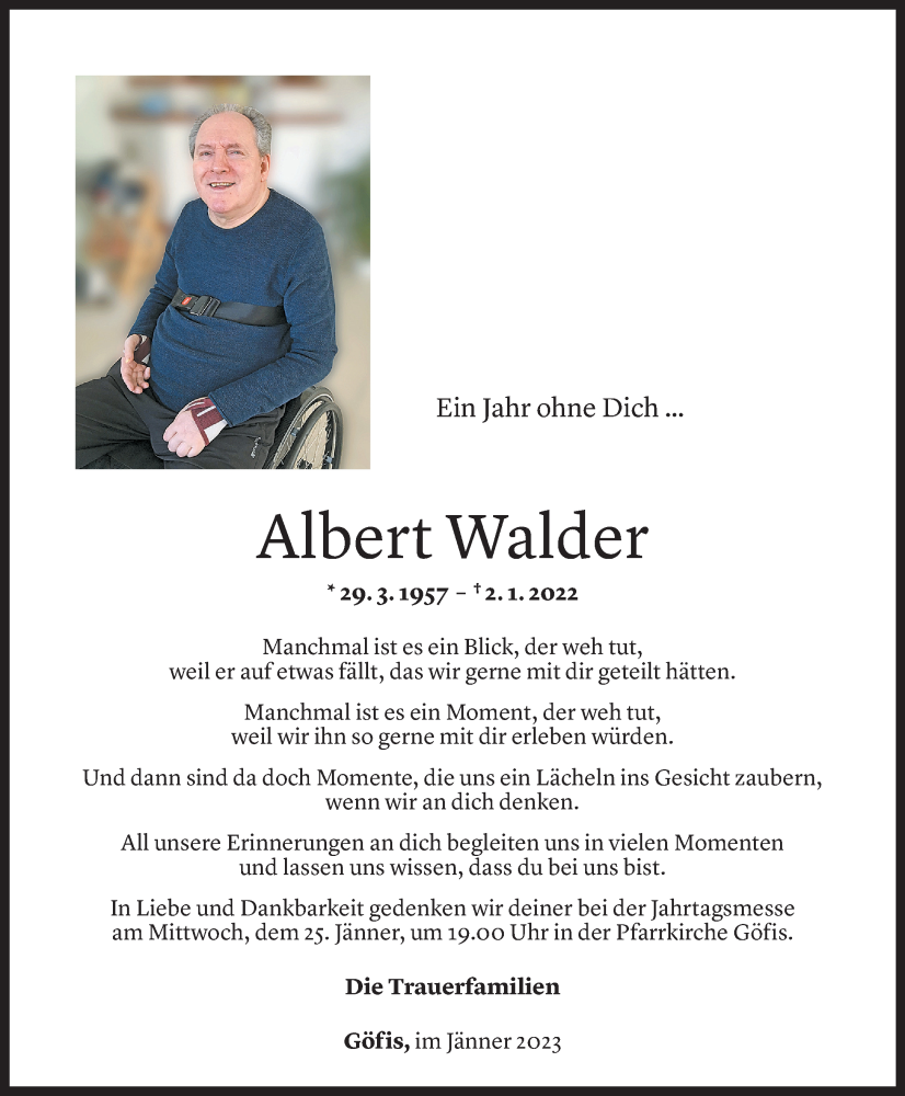  Todesanzeige für Albert Walder vom 02.01.2023 aus Vorarlberger Nachrichten